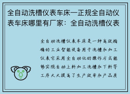 全自动洗槽仪表车床—正规全自动仪表车床哪里有厂家：全自动洗槽仪表车床：高效精确的工业智能设备